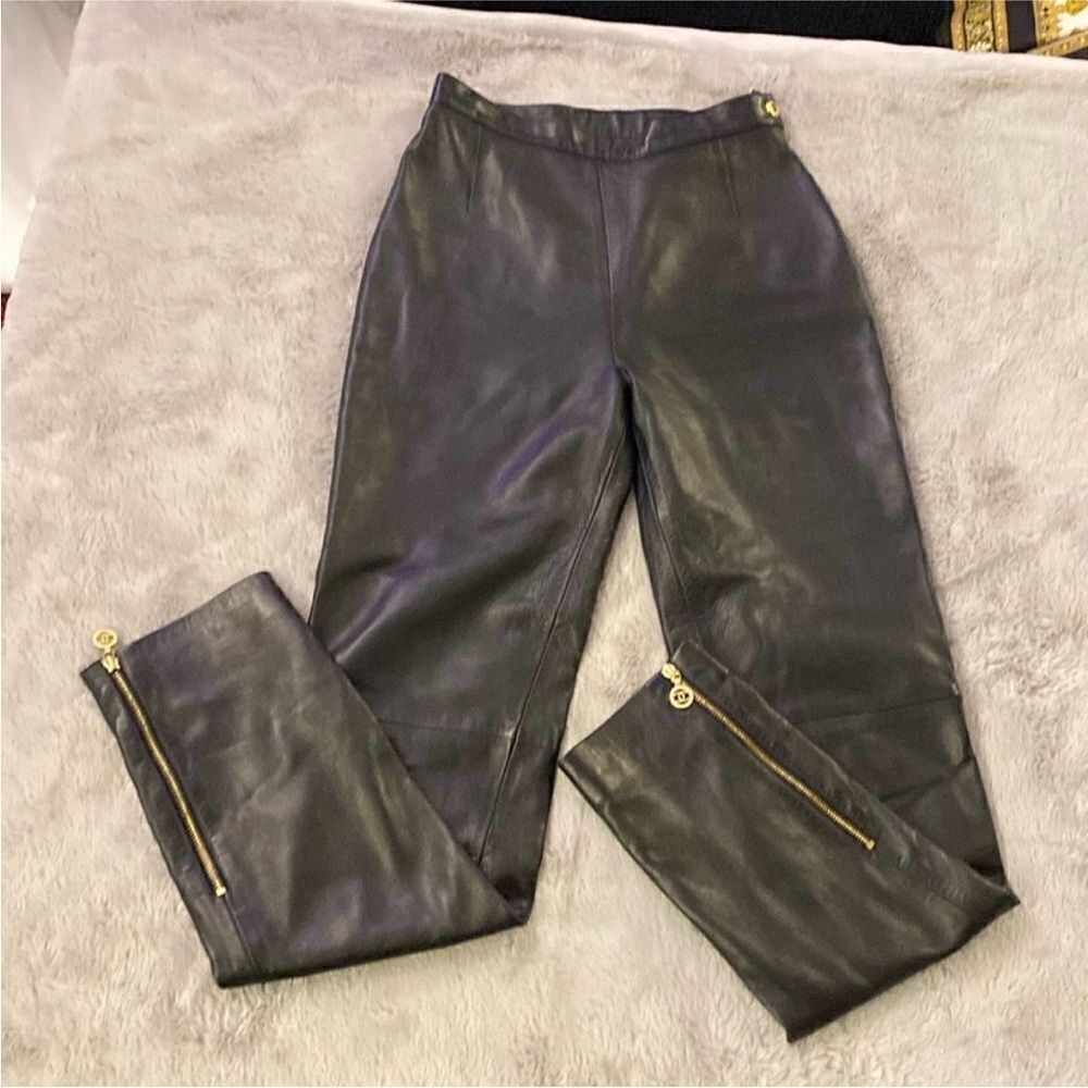 Chanel Boutique Black genuine Leather Pants with Gold Zippers, S